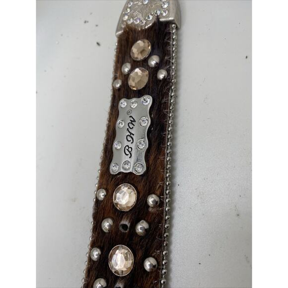 BHW Womens M Belt Leather Faux Cow Fur Rhinestone Western Cowgirl Bling Studded - Picture 7 of 9